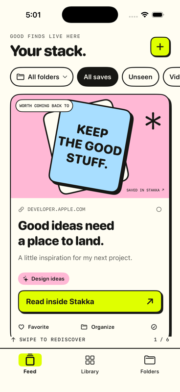 Stakka bookmark feed with a saved design idea and Read inside Stakka button