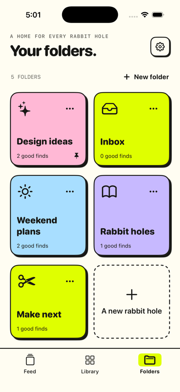 Stakka folders: Design ideas, Weekend plans, Rabbit holes and Make next